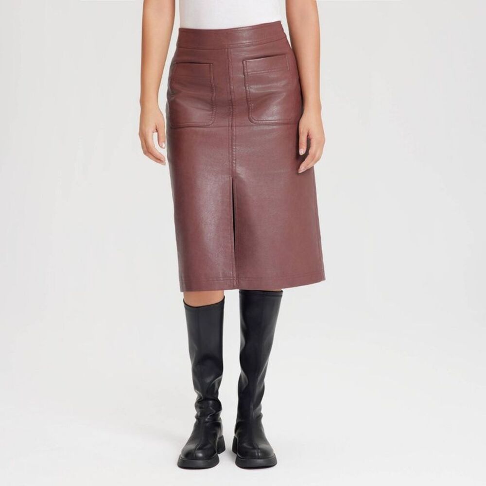 Women's Faux Leather Midi A-Line Skirt - Red 0
